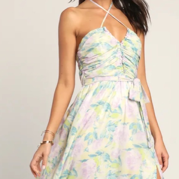 ❤️ Lulus Effortlessly Abloom Green Multi Floral Ruched Halter Midi Dress - Picture 11 of 16